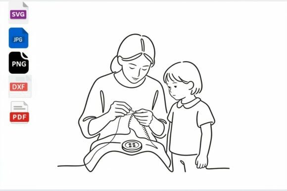 Mom and Child Sewing Line Art SVG for Crafts